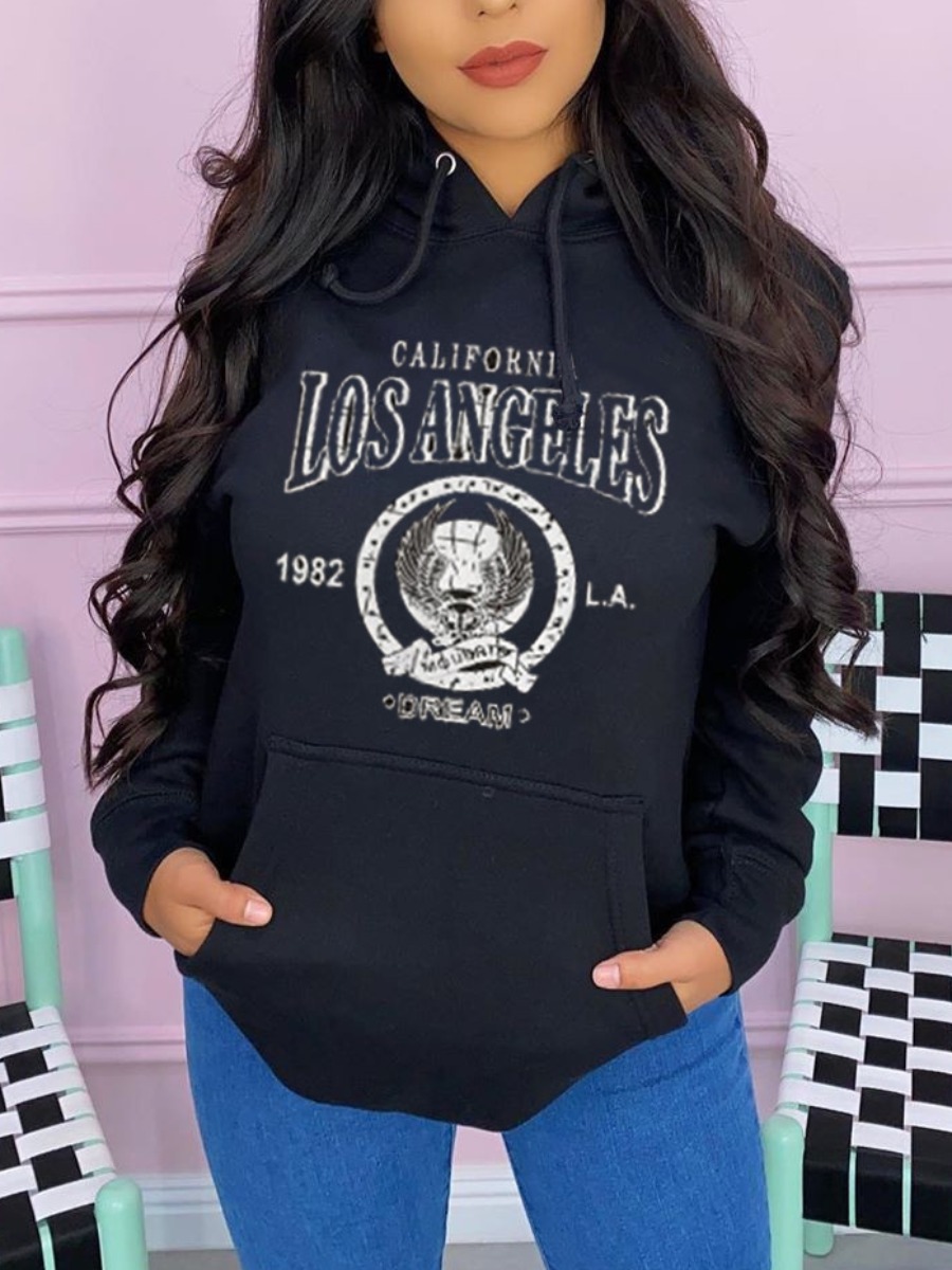 

LW BASICS Letter Print Kangaroo Pocket Hoodie, Black