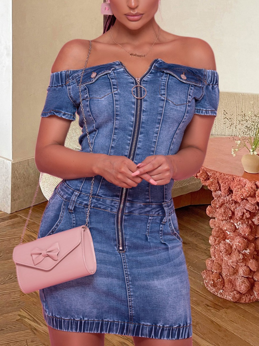 

LW BASICS Zipper Pocket Design Denim Dress, Blue