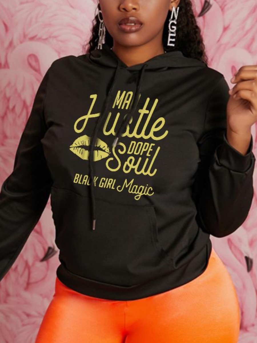 

LW BASICS Letter Print Kangaroo Pocket Hoodie, Black