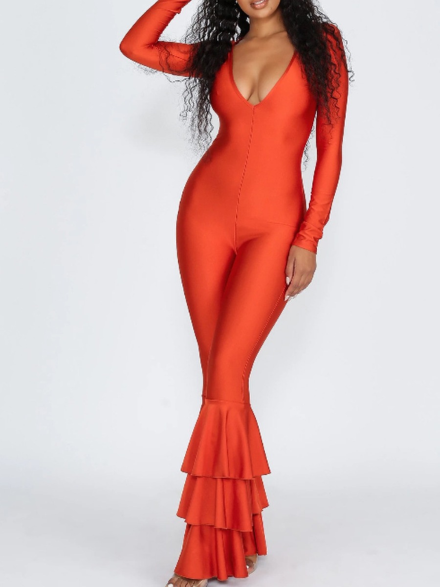 

LW Layered Ruffle Solid Skinny Jumpsuit, Orange