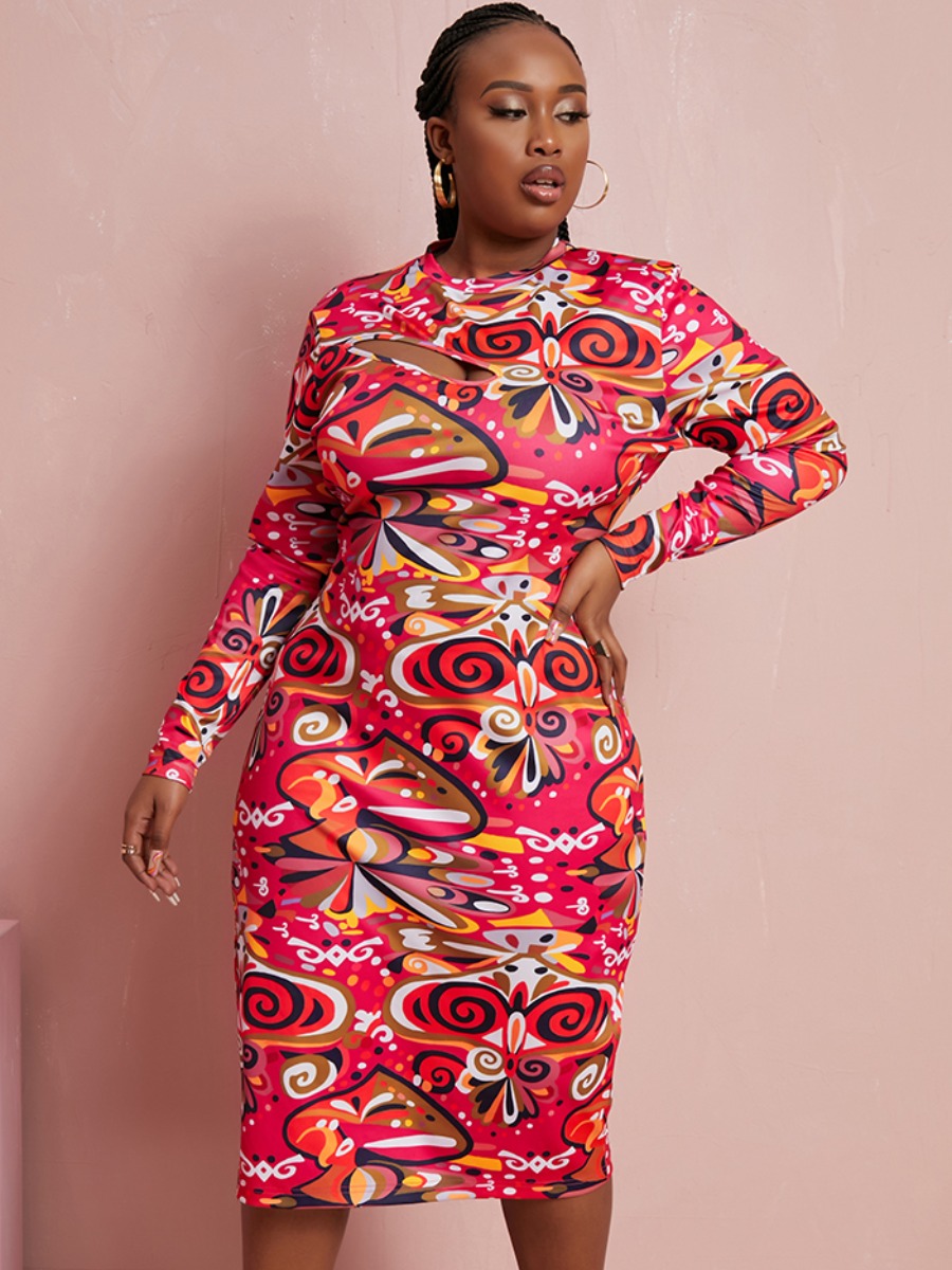 

LW SXY Plus Size Mixed Print Hollow-out Thigh Slit Bodycon Dress, Multi