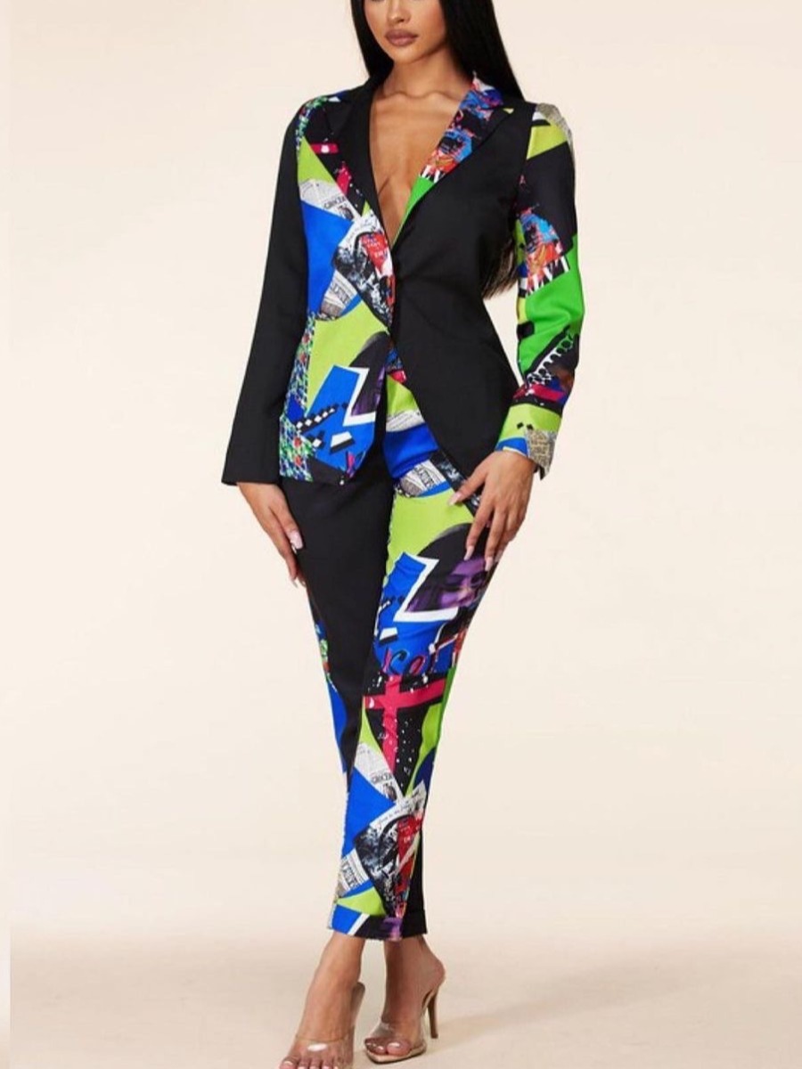 

LW Business Mixed Print Patchwork Blazer Pant Set, Black