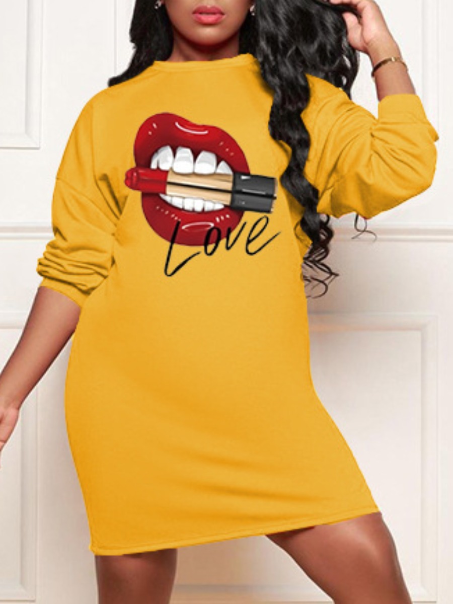 

LW Casual Letter Lip Print Dress, Yellow