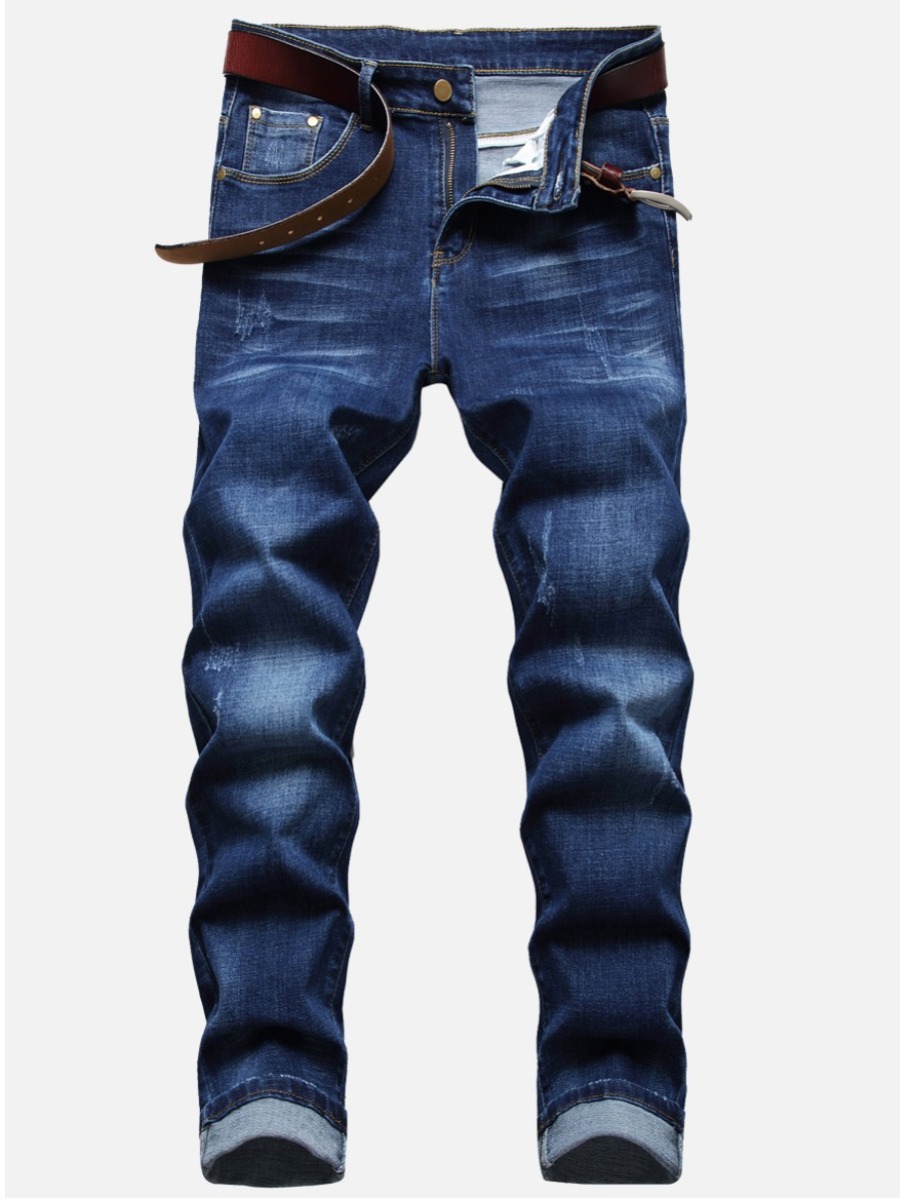 

LW Men Casual Denim Mid Waist Stretch Solid Jeans, Deep blue