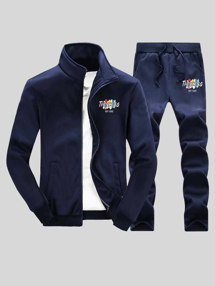

LW Men Letter Print Pocket Design Tracksuit Set, Deep blue