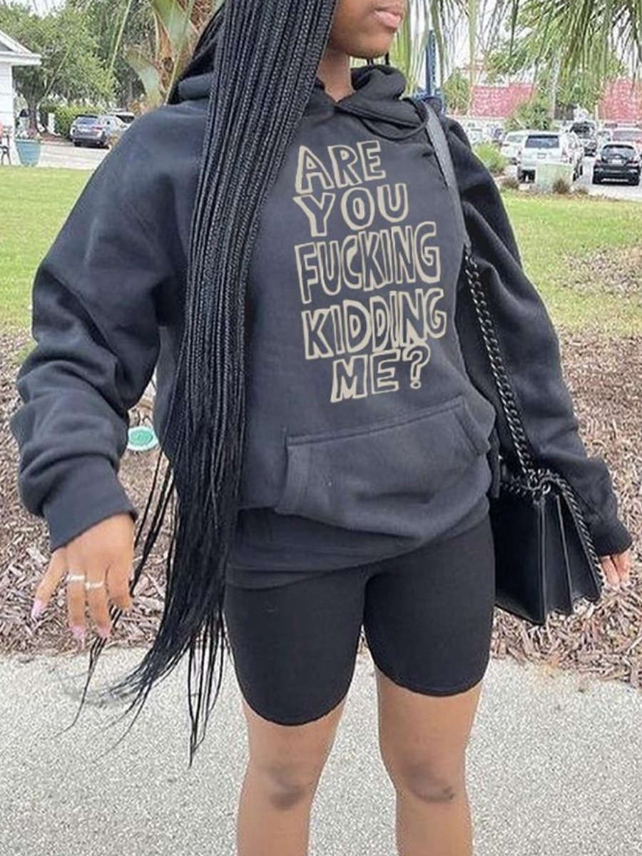 

LW BASICS Letter Print Pocket Design Hoodie, Black