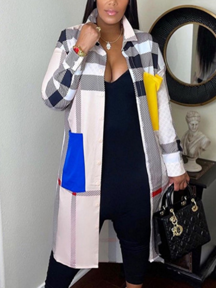 

LW Plaid Pocket Design Oversized Coat, Multicolor lattices