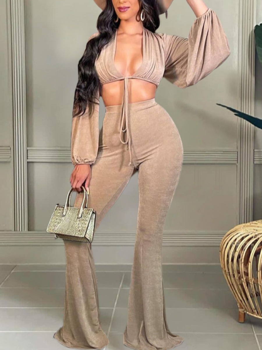 

LW SXY Pleuche Bandage Flared Crop Top Pants Set, Khaki