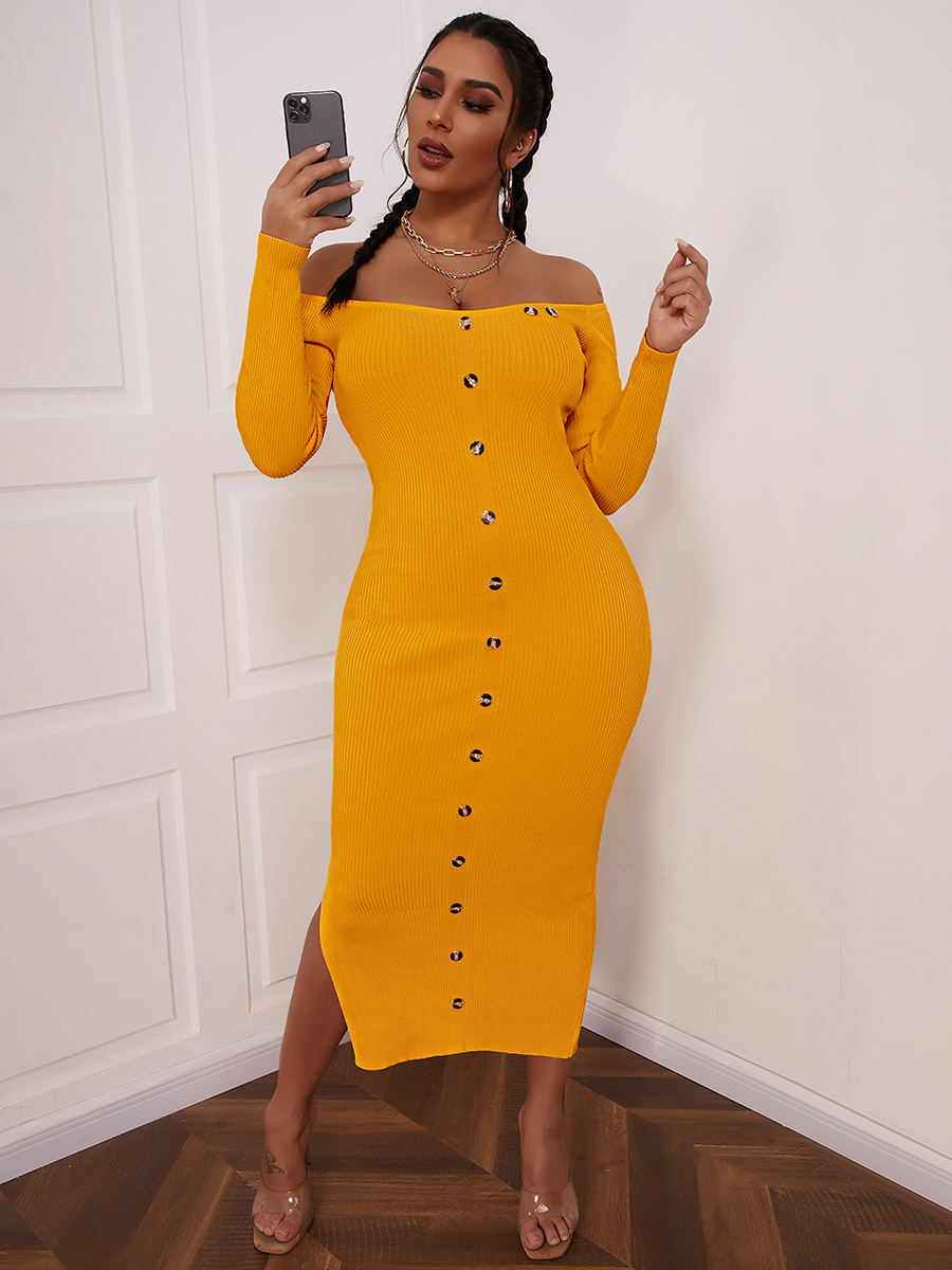 

LW SXY Button Design Split Bodycon Dress, Yellow