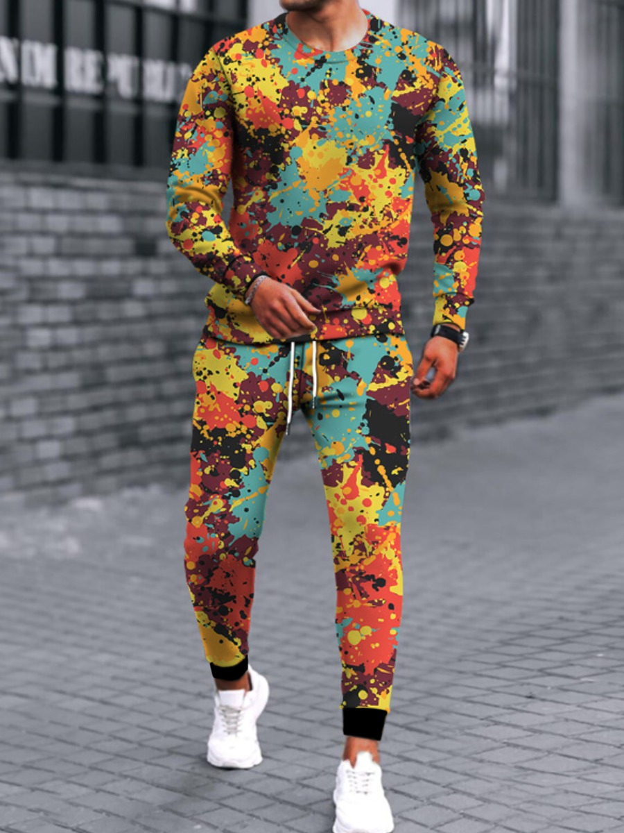 

LW Men Splash-ink Drawstring Pants Set, Multi