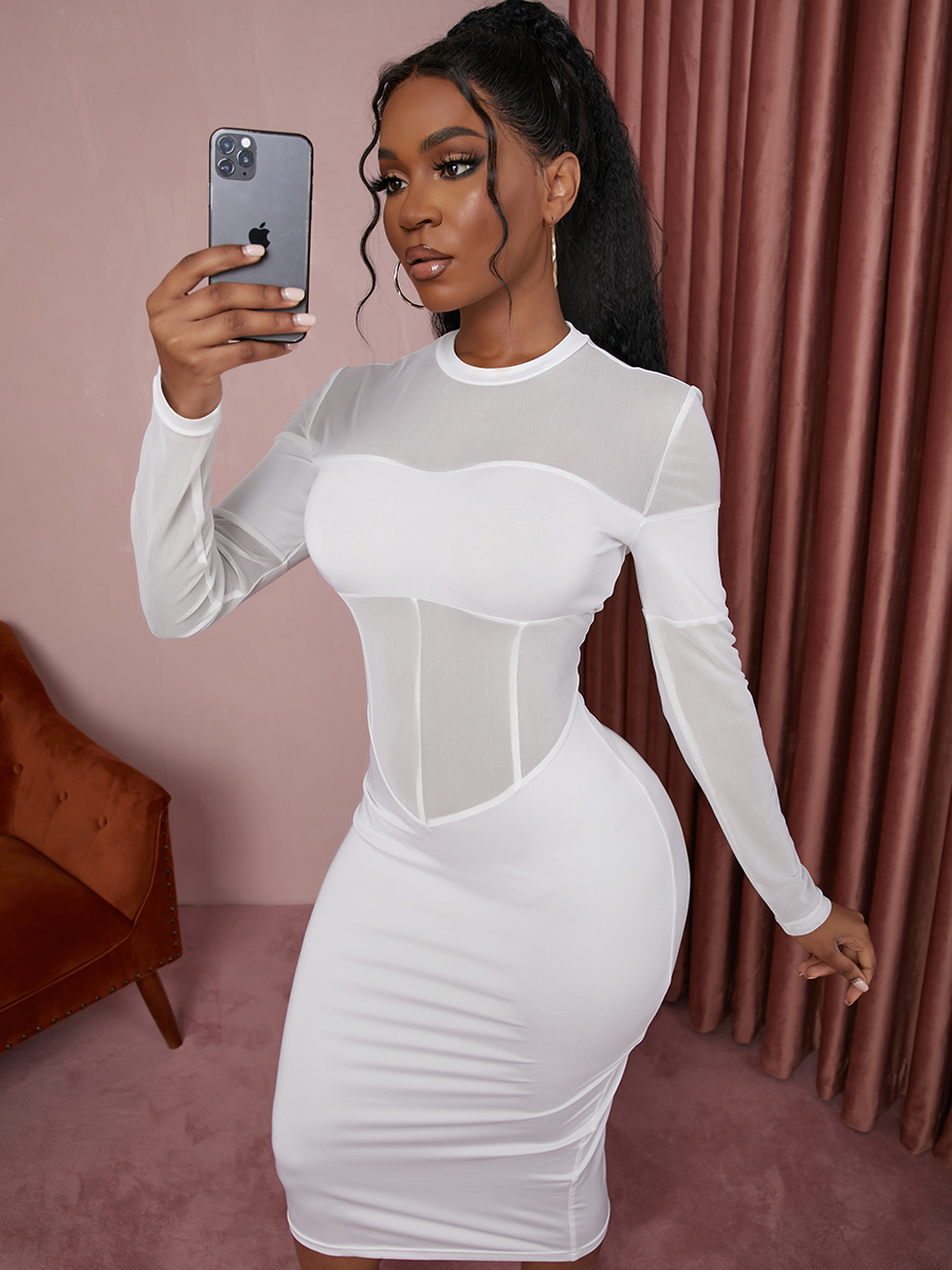 

LW SXY Round Neck See-through Bodycon Dress, White