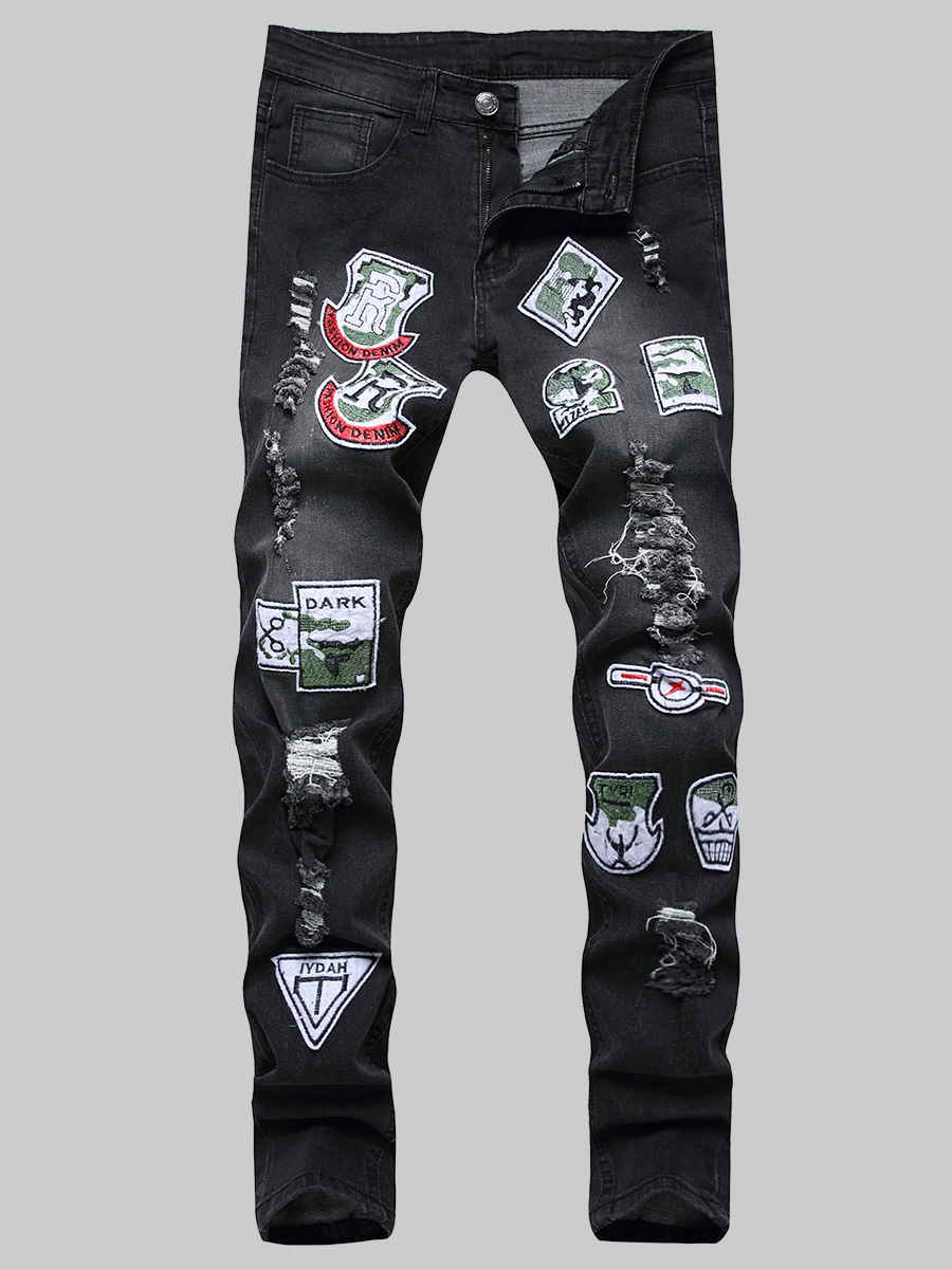 

LW Embroidered Letter Ripped Skinny Jeans, Black