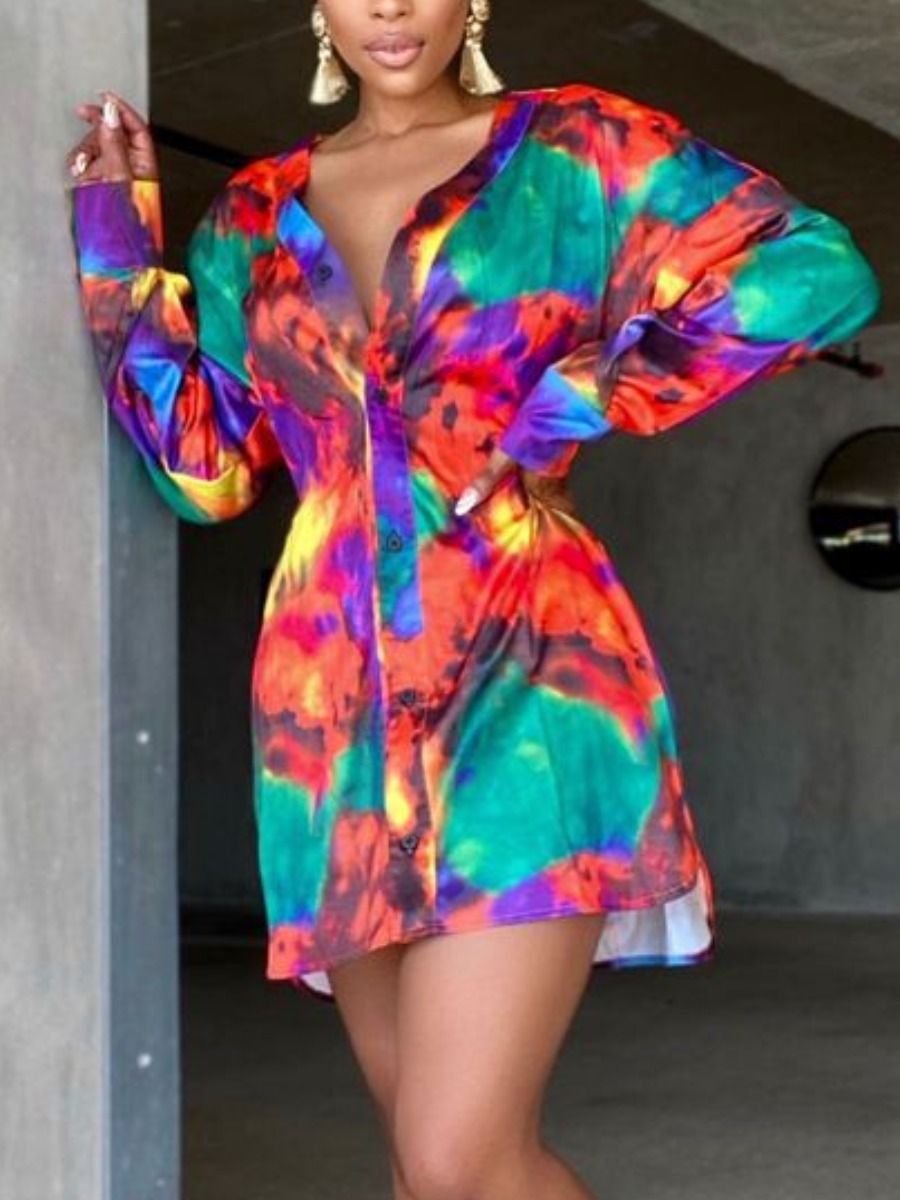 

LW Tie Dye Button Deisgn Shirt Dress, Multi