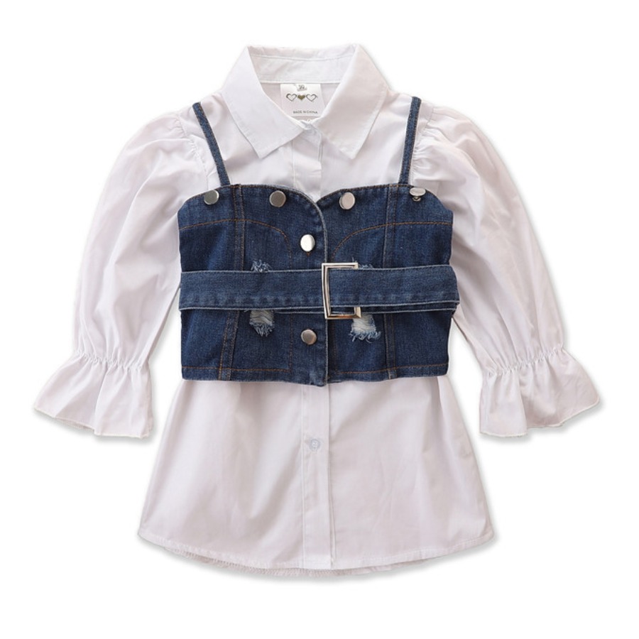 

LW COTTON Girl Metal Decor Ruffle Design Ripped Skirt Set, White