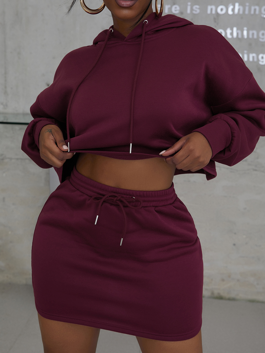 

LW COTTON Hooded Collar Drawstring Crop Top Skirt Set, Dull red