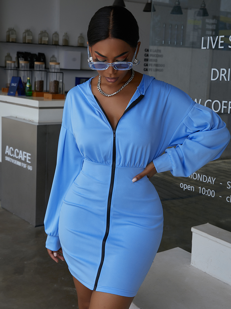 

LW EDGE Hooded Collar Zipper Design Sweat Dress, Blue