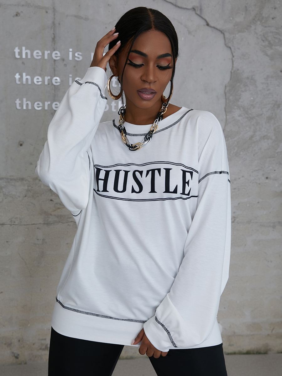 

LW COTTON Round Neck Letter Print Sweatshirt, White