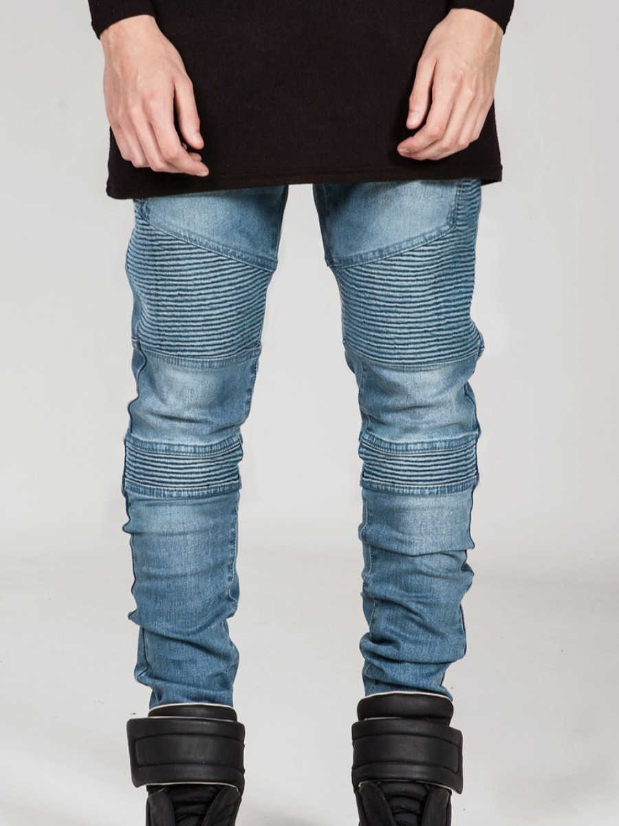 

LW Men Ruched Solid Skinny Jeans, Blue