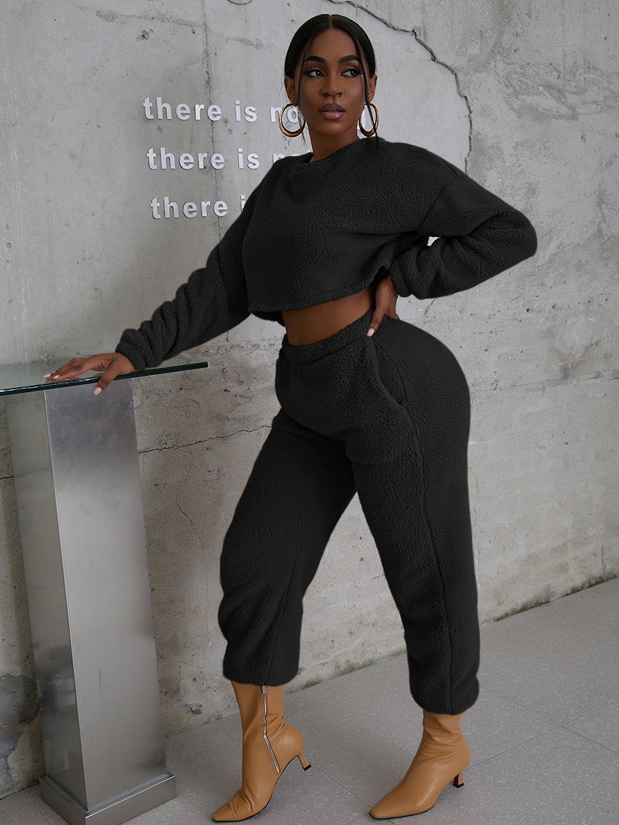 LW BASICS Pocket Design Crop Top Teddy Pants Set