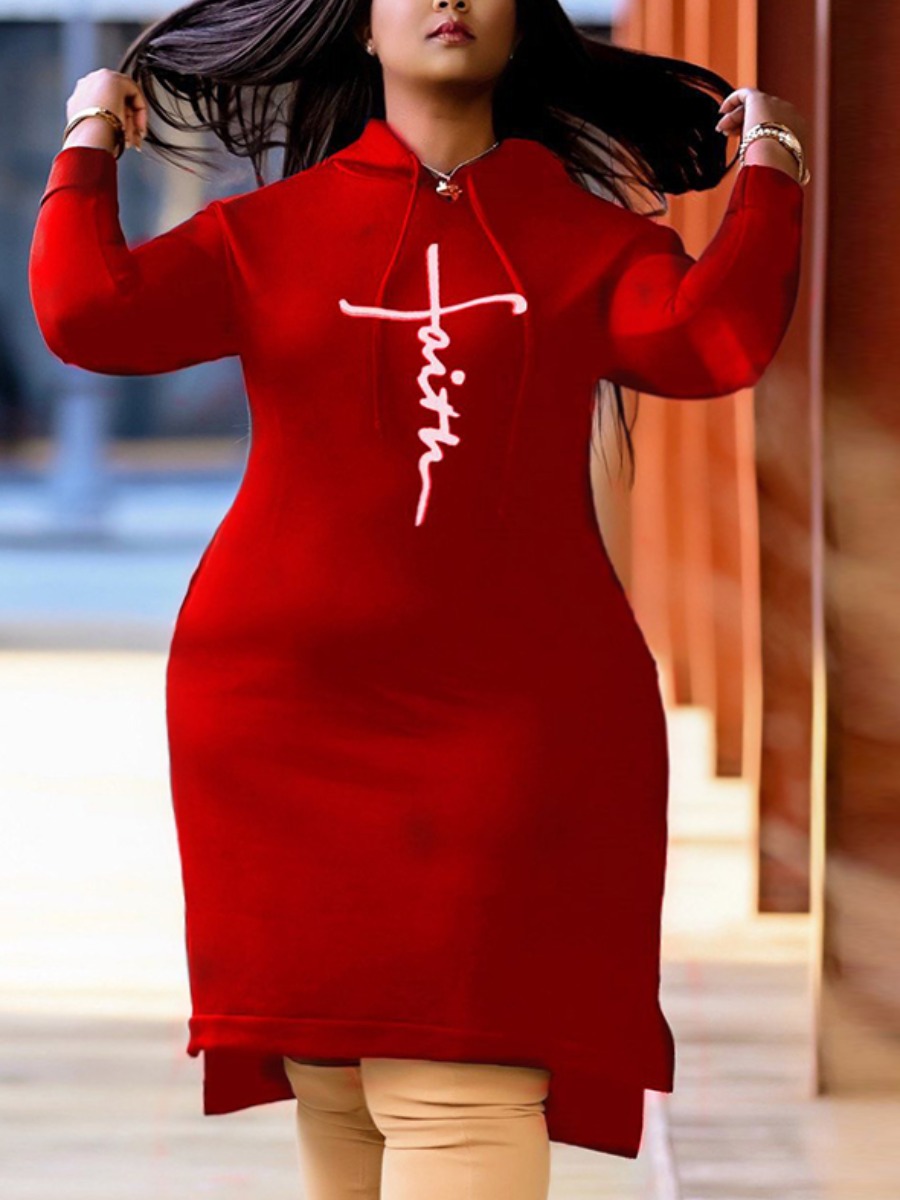 

LW Plus Size Letter Faith Drawing Slit Sweat Dress, Red