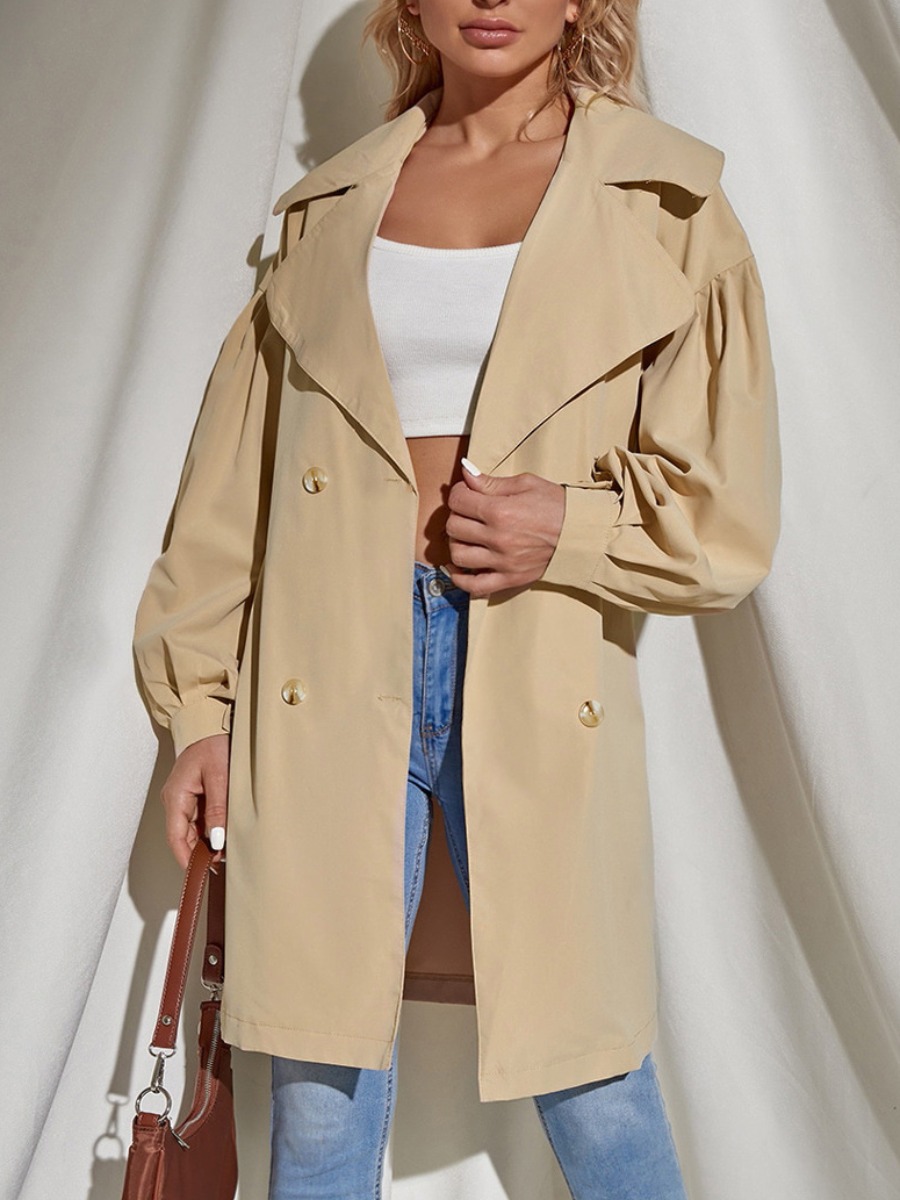 

LW Button Design Solid Oversized Trench Coat, Khaki