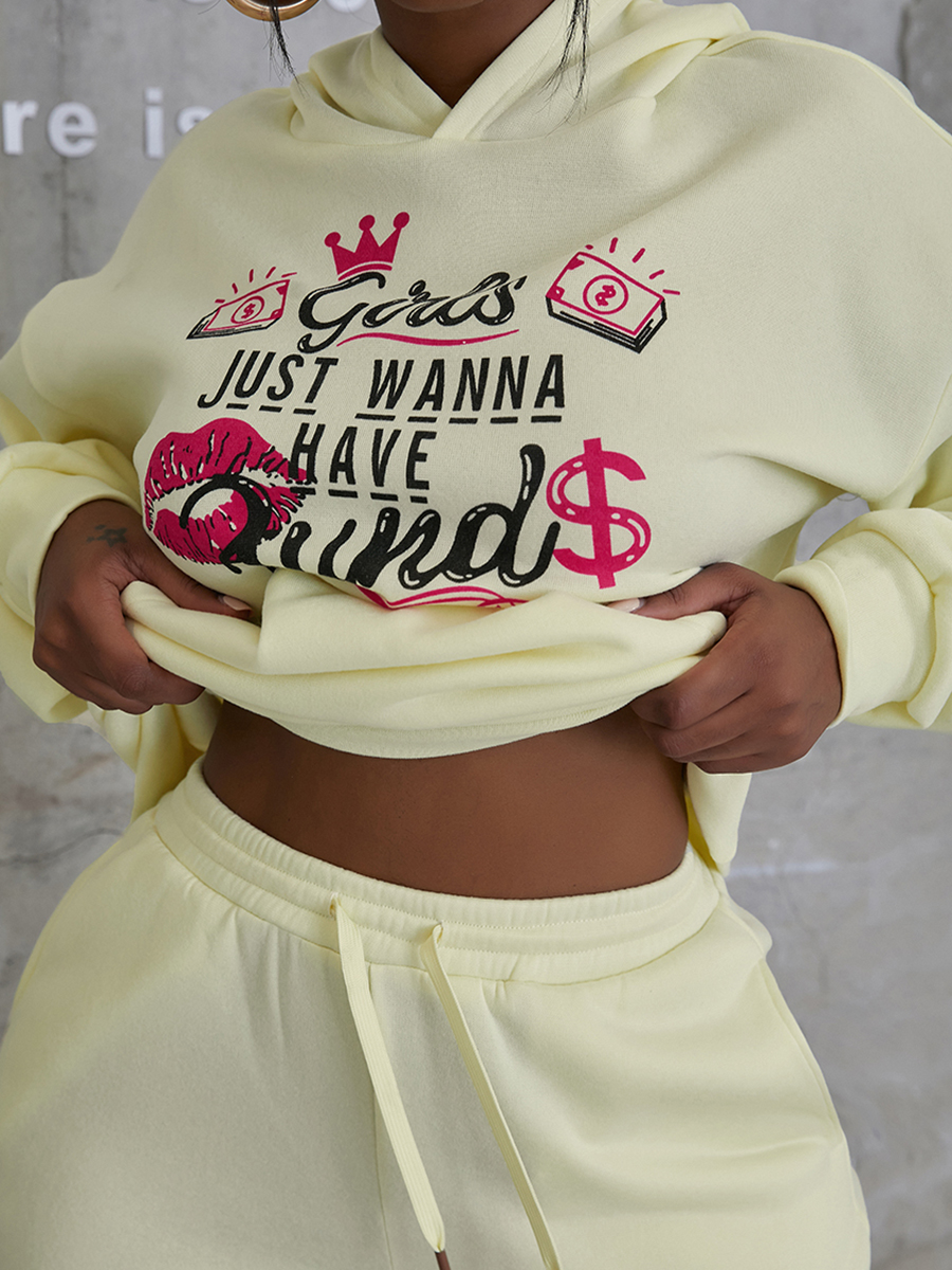 LW COTTON Letter Lip Print Kangaroo Pocket Tracksuit Set
