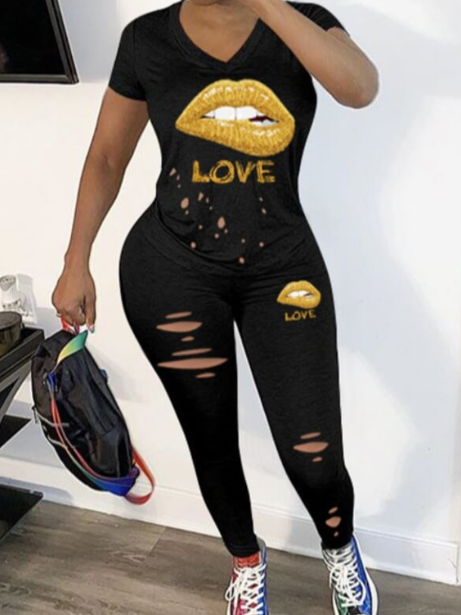 LW Leisure Lip Print Black Two-piece Pants Set