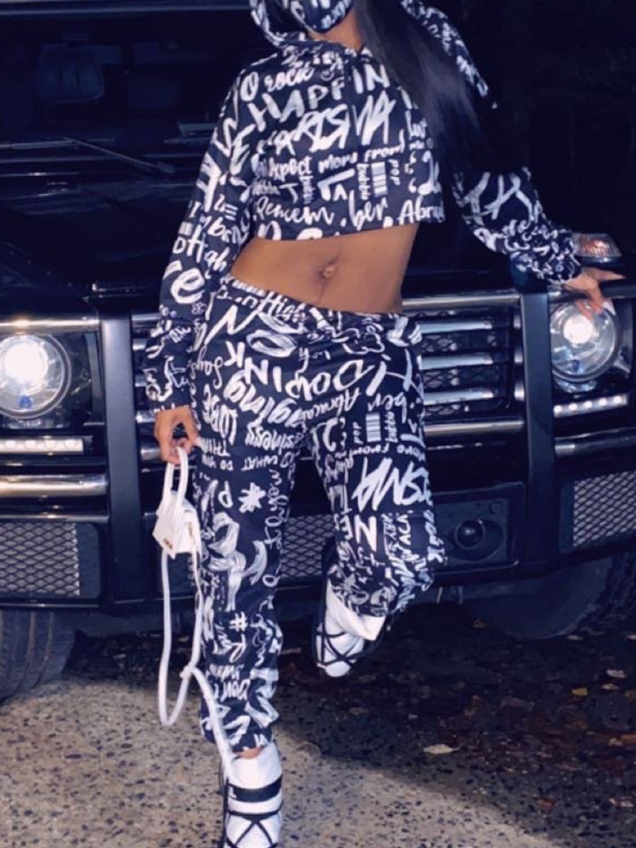 

LW Sweat Overall Letter Print Crop Top Tracksuit Set, Navy blue