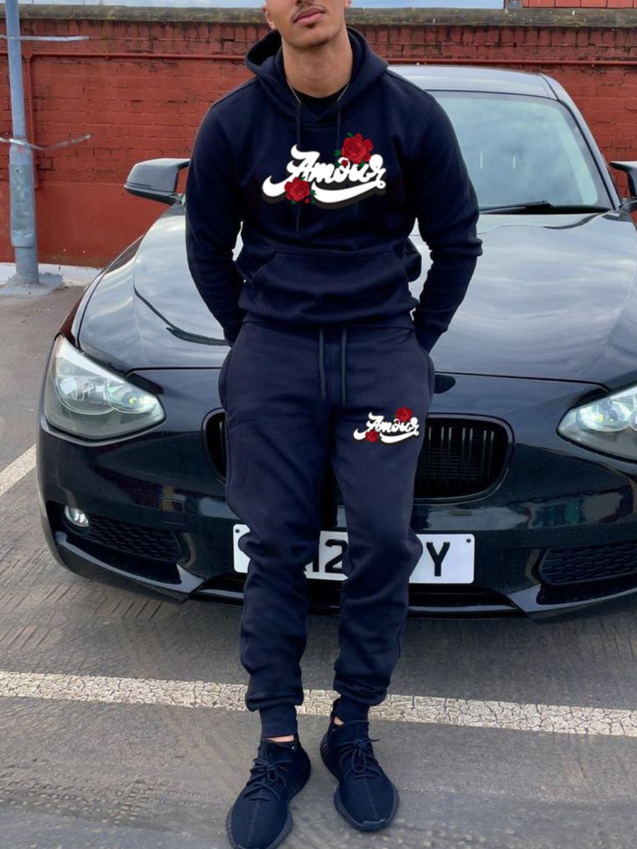 

LW Men Letter Print Pocket Design Tracksuit Set, Black