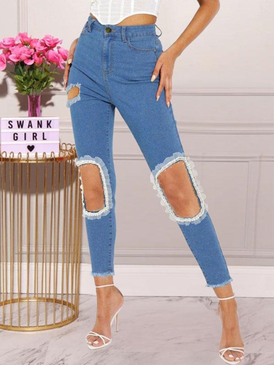 

LW Lace Hem Ripped Skinny Jeans, Blue