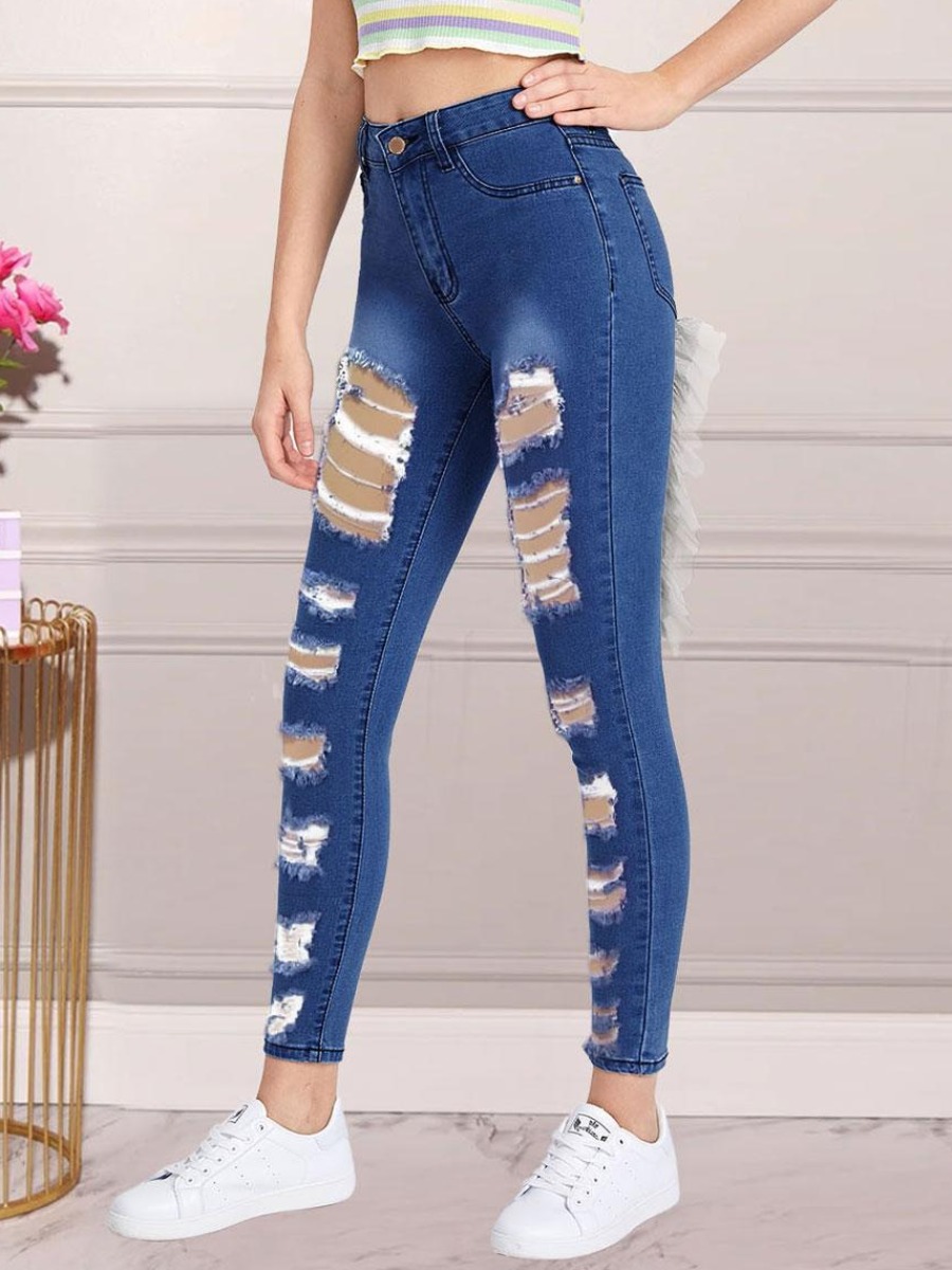 

LW Ripped Ruffle Design Skinny Jeans, Deep blue