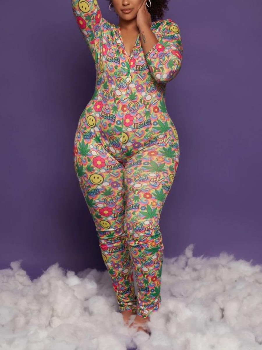 

LW Plus Size Letter Floral Print Skinny Jumpsuit, Green