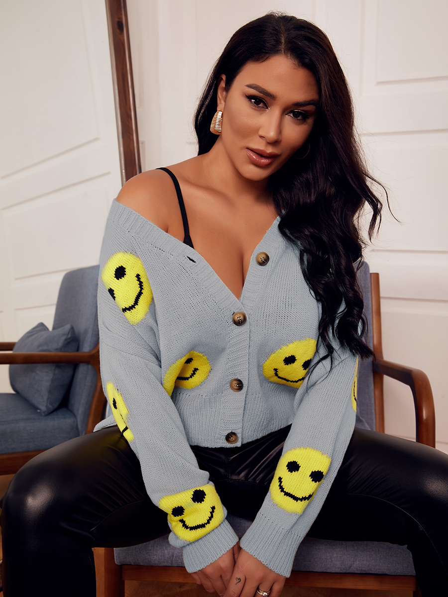 

LW Smiley Print Button Design Cardigan, Grey