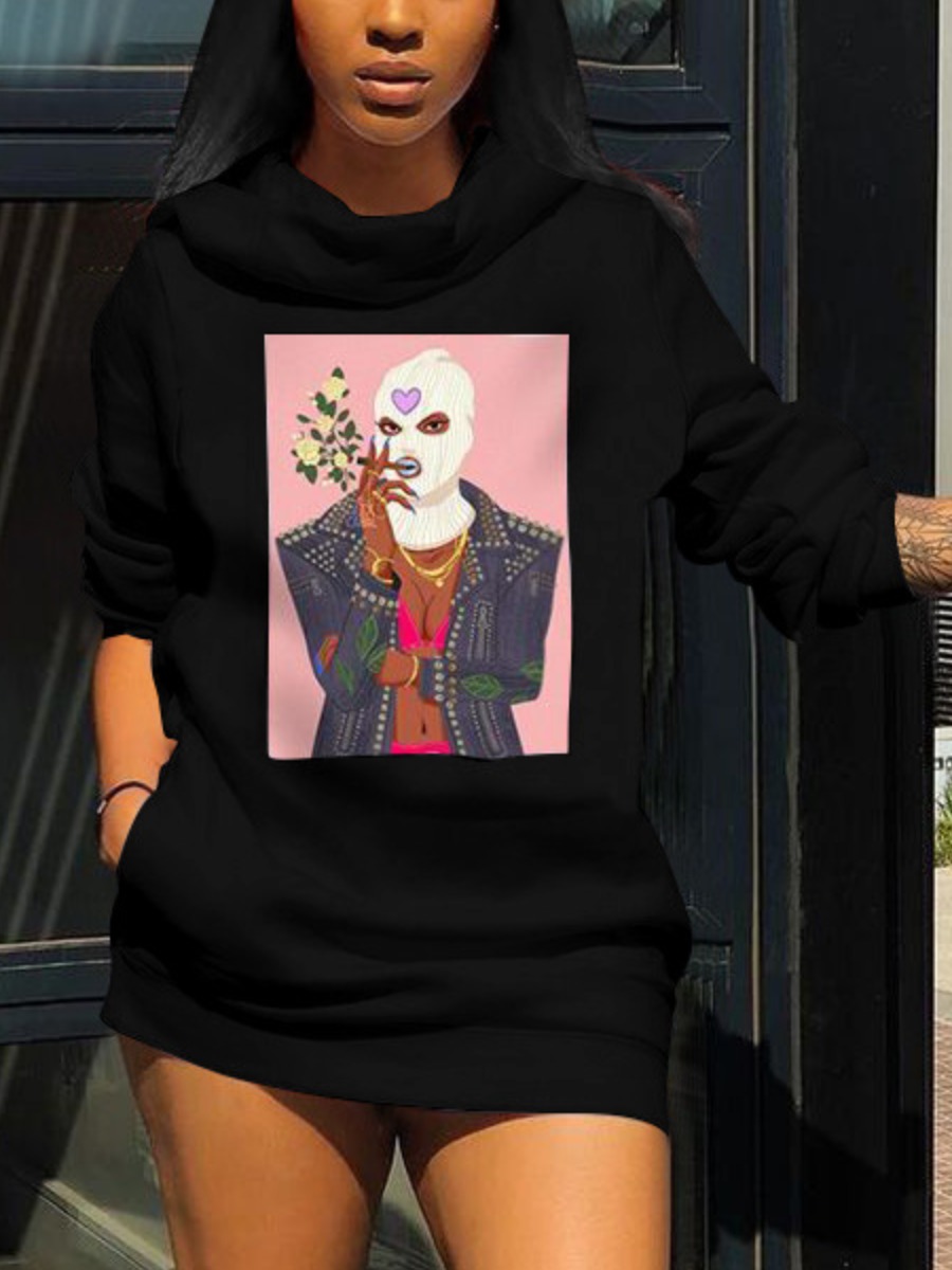 

LW Sweat Cartoon Print Pocket Design Dress, Black