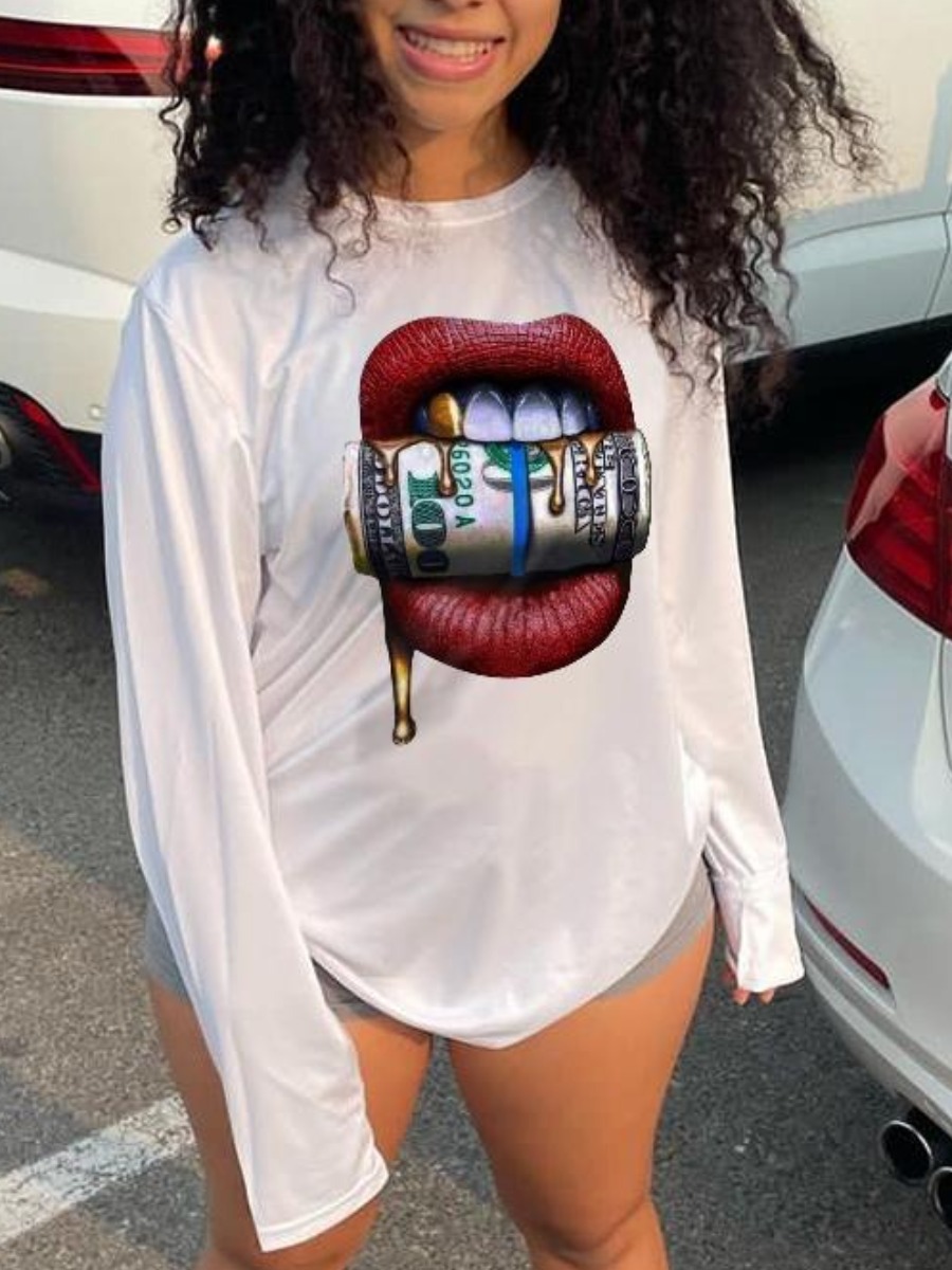 

LW Round Neck Lip Print T-shirt, White