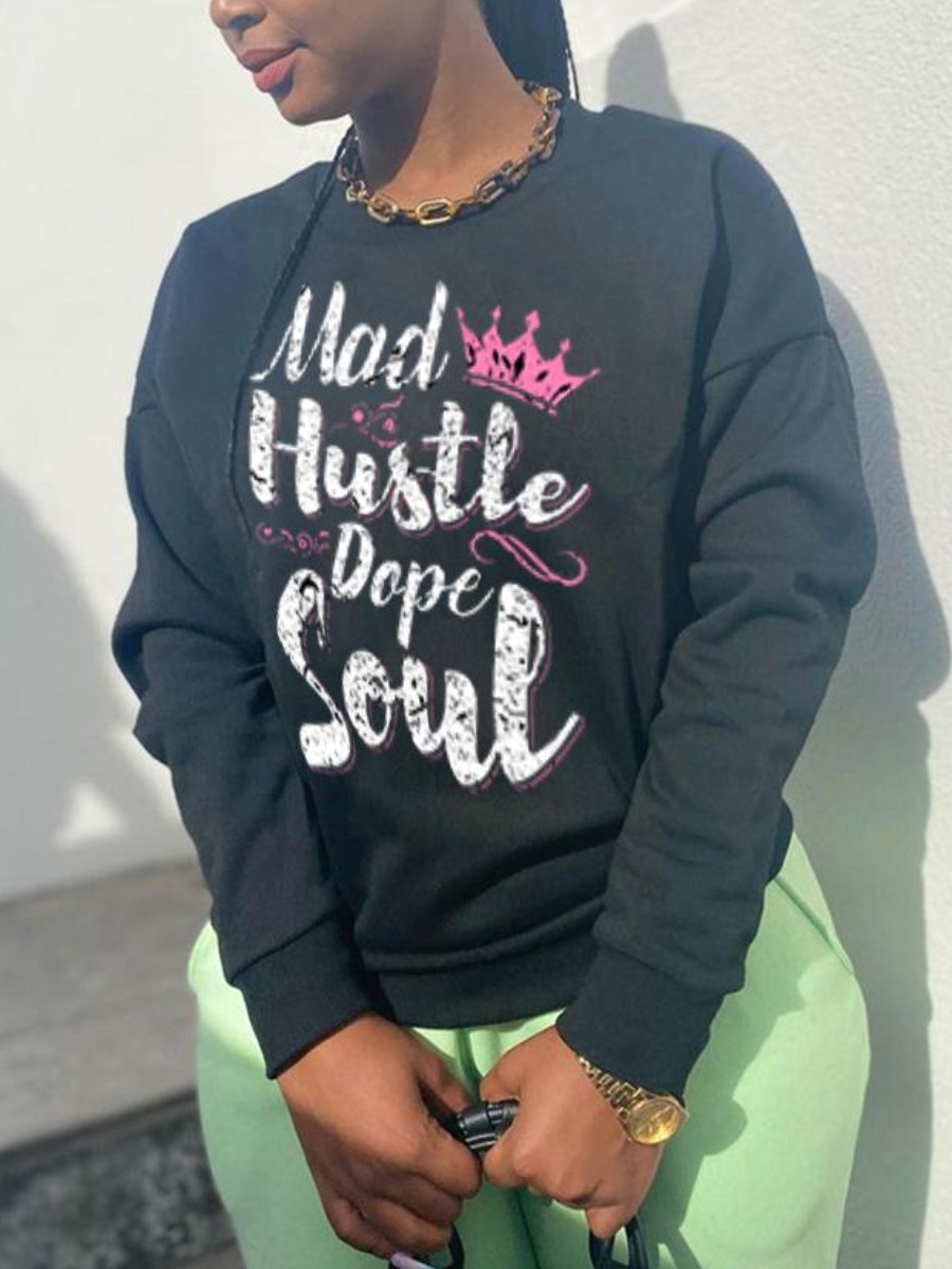 

LW Round Neck Letter Print Sweatshirt, Black