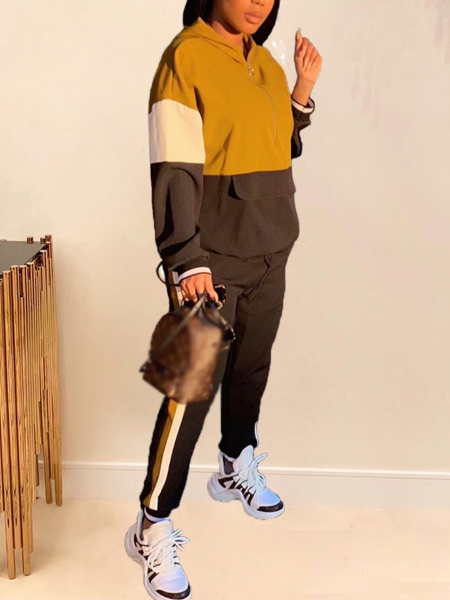 

LW Sweat Zipper Design Striped Tracksuit Set, Yellow