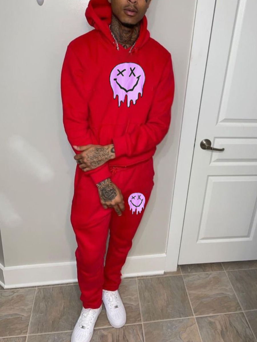 

LW Men Smiley Print Pocket Design Tracksuit Set, Red