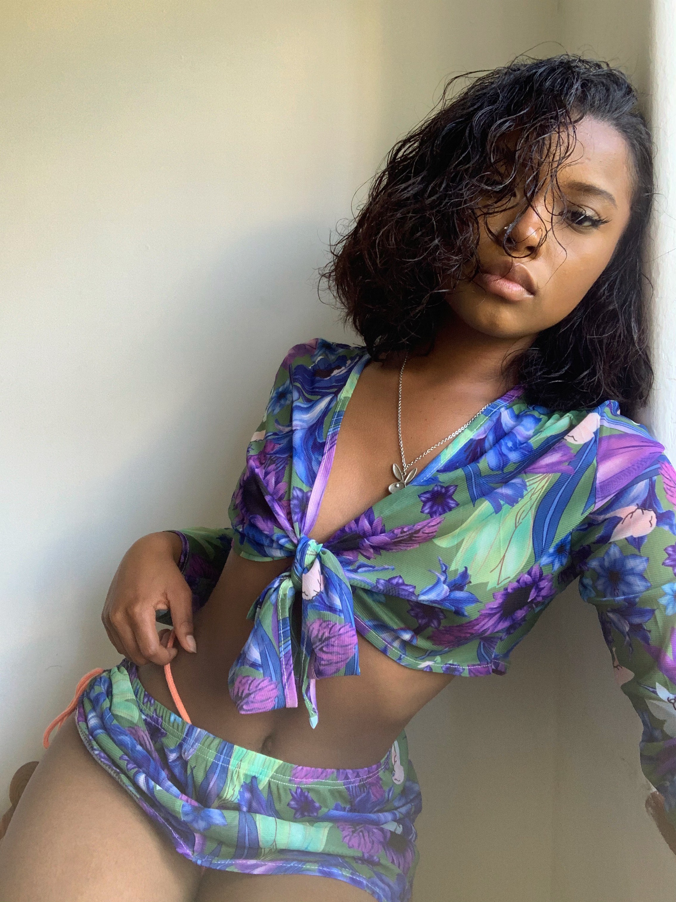 

LW Floral Print Bandage Design Three-piece Swimsuit, Peacock blue