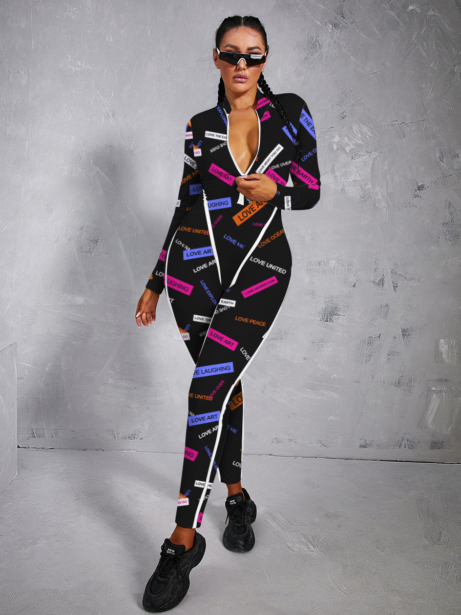 

LW Letter Print Zipper Design Jumpsuit, Black