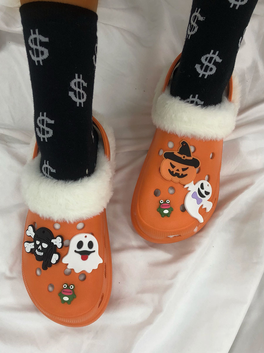 

LW Halloween Cartoon Decor Plush Slippers, Orange