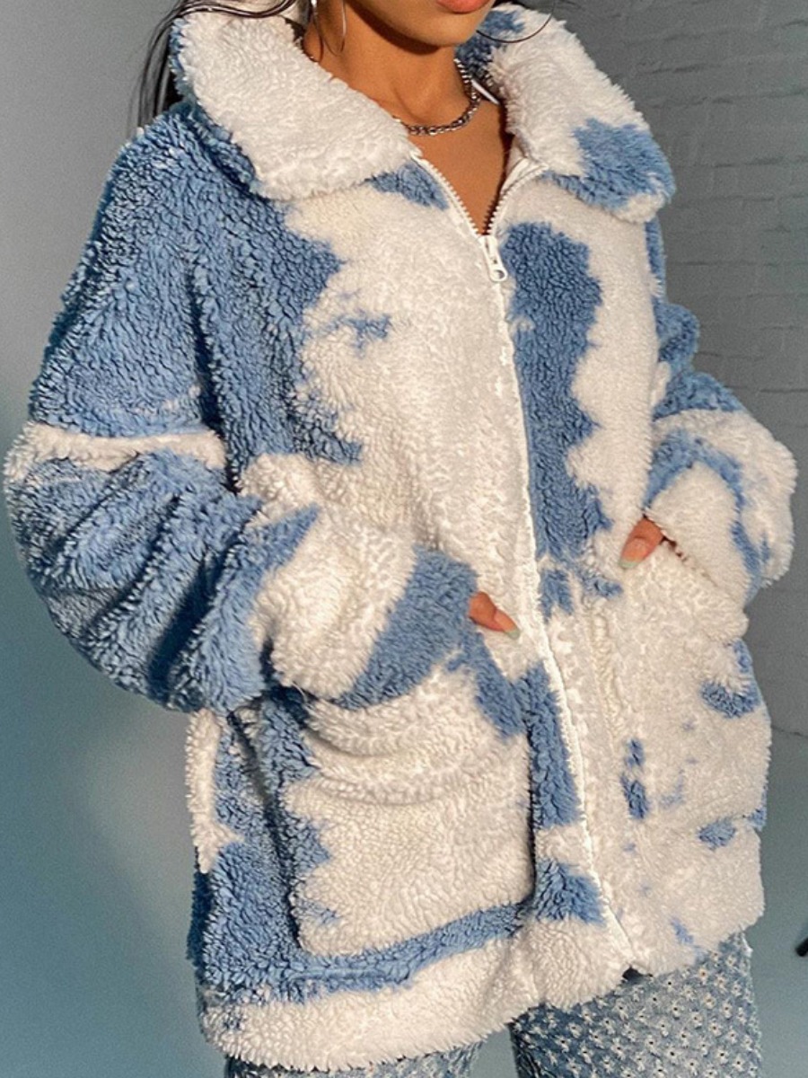 

LW Lamb Fleece Zipper Design Tie Dye Coat, Blue