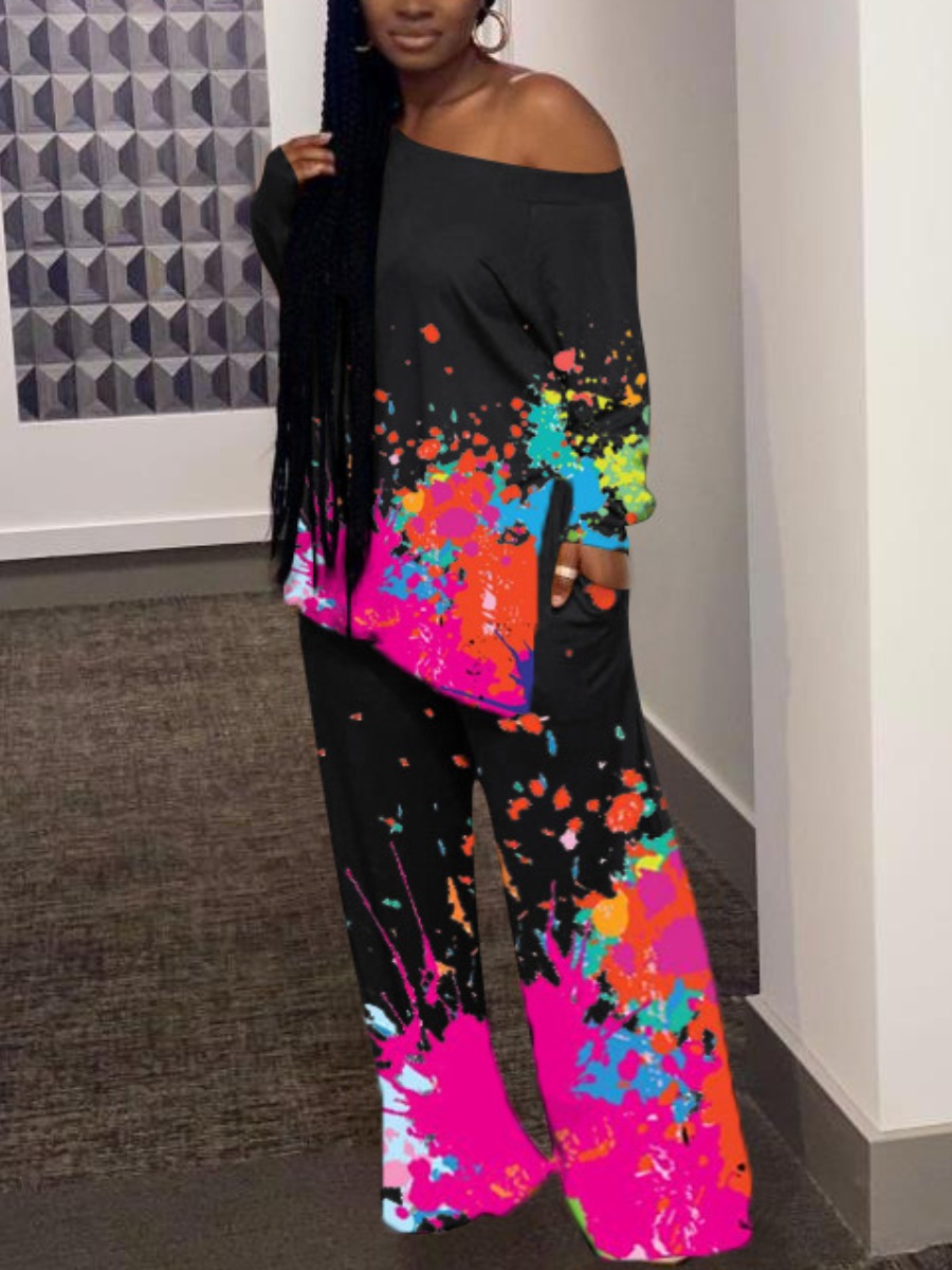 

LW Plus Size Cotton Tie Dye Split Pants Set, Black
