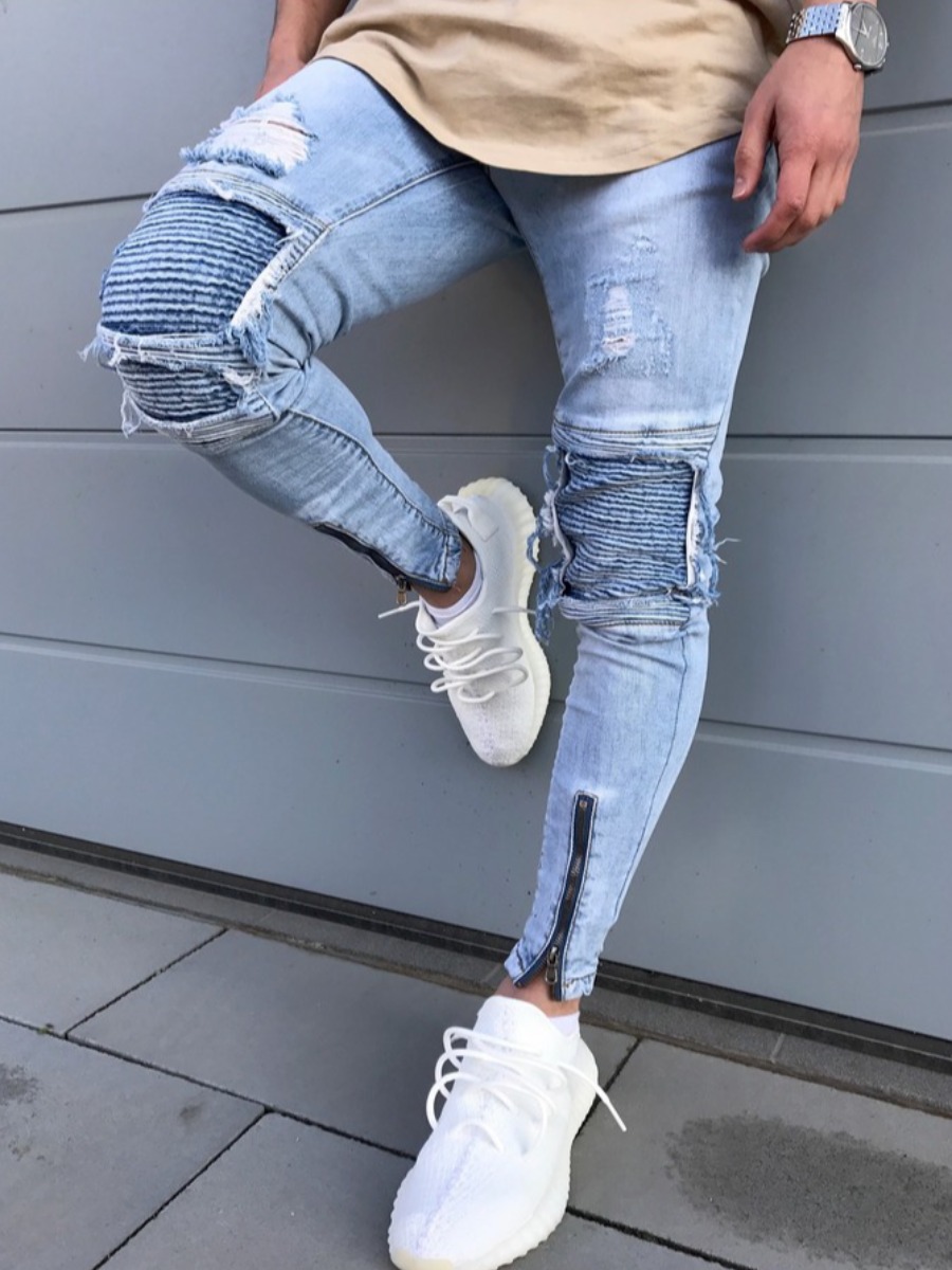 

LW Men Zipper Design Ripped Skinny Jeans, Blue