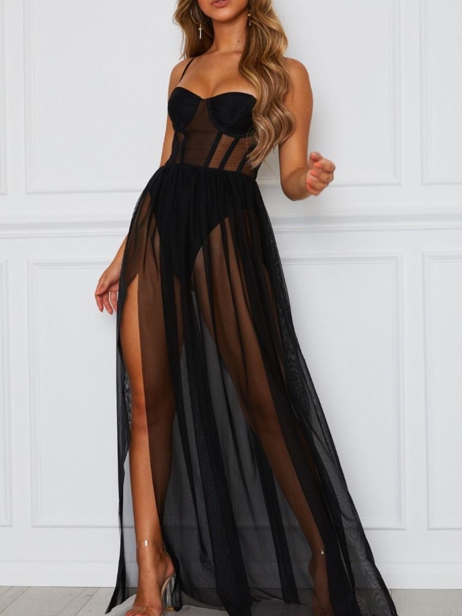 

LW SXY Gauze See-through Split Babydoll, Black