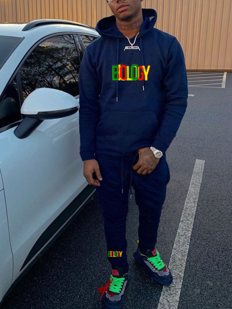 

LW Men Letter Print Pocket Design Tracksuit Set, Navy blue