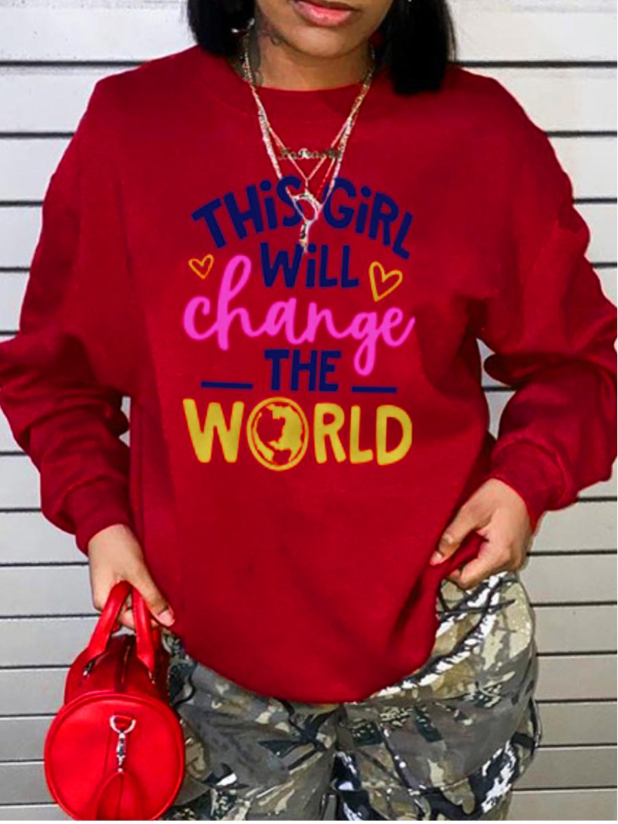 

LW Plus Size Round Neck Letter Print Sweatshirt, Red