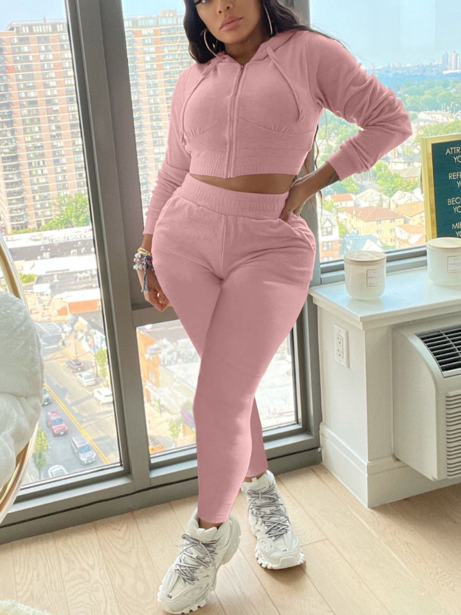 

LW Pocket Design Crop Top Tracksuit Set, Pink