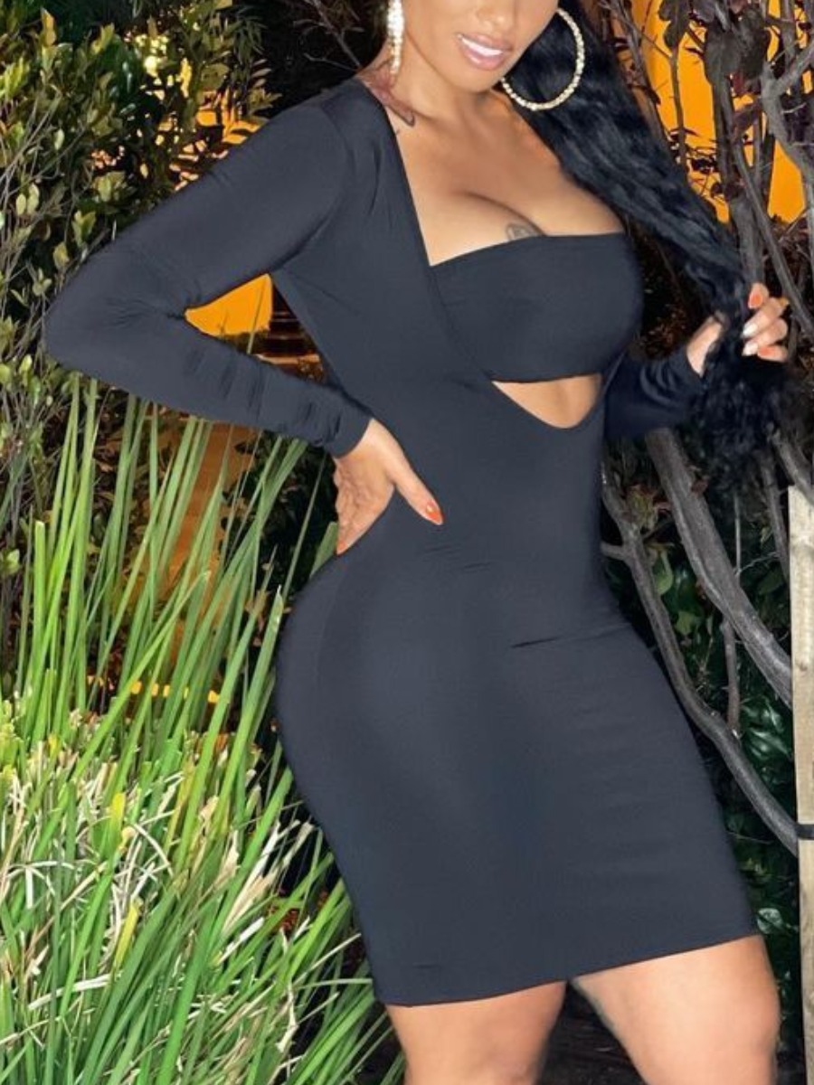 

LW SXY Hollow-out Design Basic Bodycon Dress (With Bras）, Black