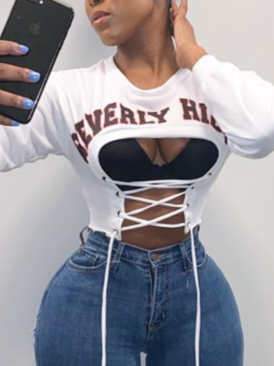 

LW Letter Print Hollow-out Bandage Sweatshirt, White